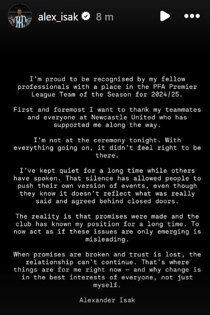 Alexander Isak Voices Concerns Over Newcastle's Unfulfilled Commitments and Advocates for Change Amid Transfer Uncertainty